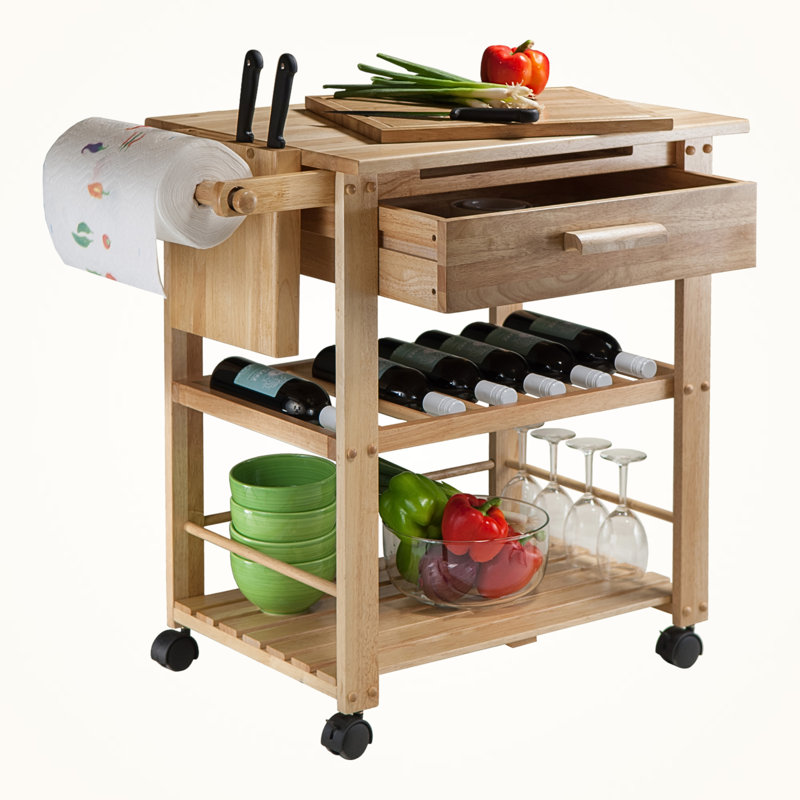 Arlo 1-Drawer Kitchen Utility Cart in Natural Finished Wood, 31.43'' H X 26.75'' W X 20.25'' D