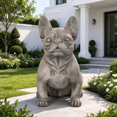 DOG GARDEN SCULPTURE, Outdoor French Bulldog Garden Statue, Gray, No Assembly Required