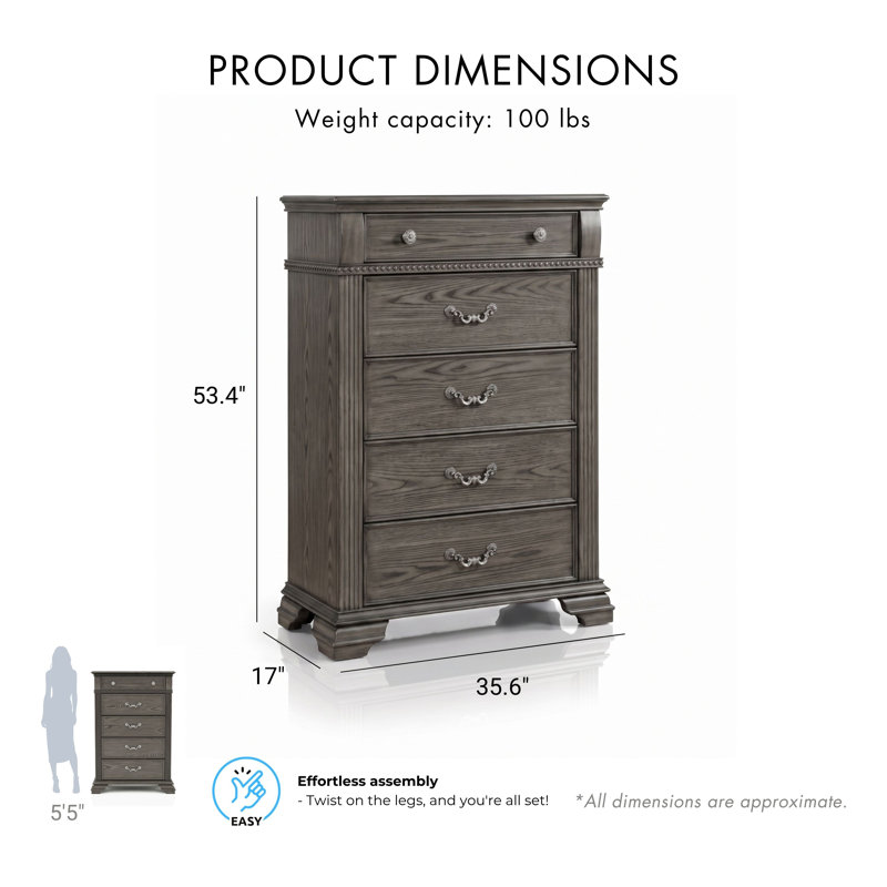 Commode 5 tiroirs Adames, Gris