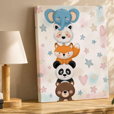 Toile, une illustration fantaisiste mettant en vedette une pile d'adorables animaux de style art mural, y compris un éléphant bleu et une toile blanche
