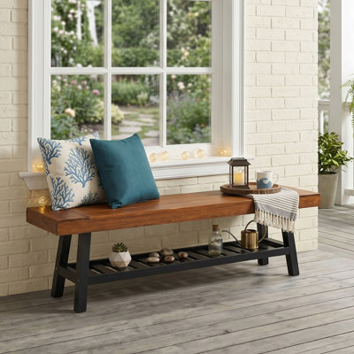 63-Inch Rustic Solid Wood Storage Bench With Metal Frame