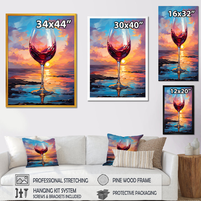 Silhouette de vin Shiraz au coucher du soleil - Art mural vin, Cadre flottant noir, H 32 po x l 16 po x P 1 po