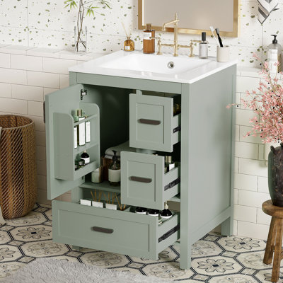 Meuble-lavabo moderne avec lavabo en céramique, porte à fermeture douce, tablette de porte double couche et 3 tiroirs