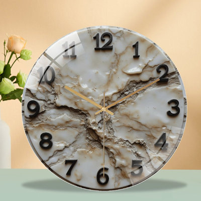 Elegant Marble Wall Clock with Decorative Design Art - 12'' Modern Glass Wall Clock