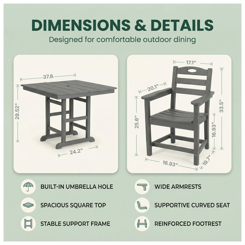 Ensemble de salle à manger d'extérieur 3 pièces en PEHD gris avec table carrée et 2 fauteuils