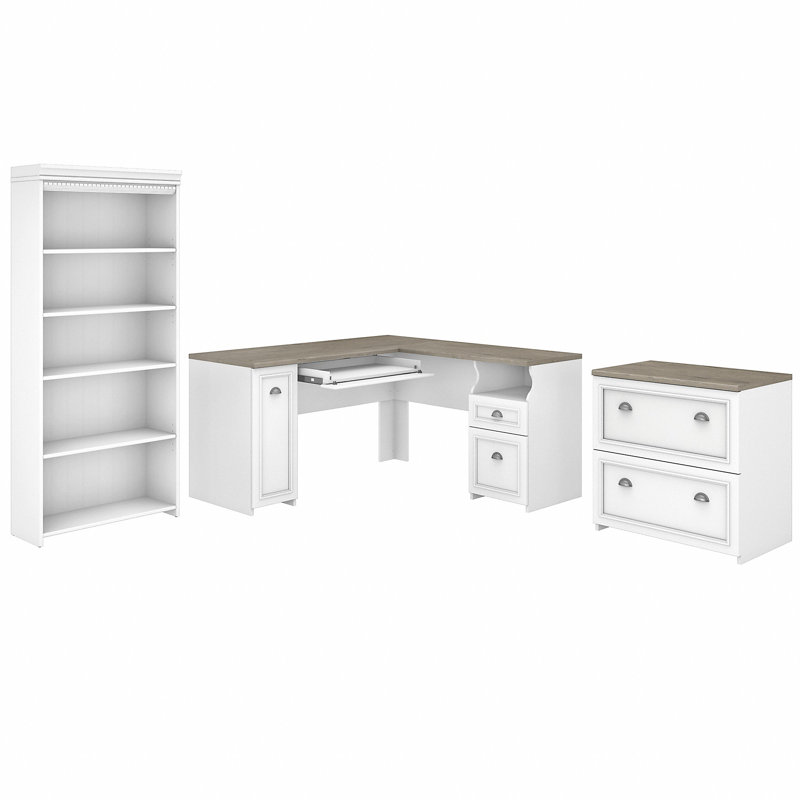 Huckins 3 Piece Computer Desk Office Set, Shiplap Gray/Pure White