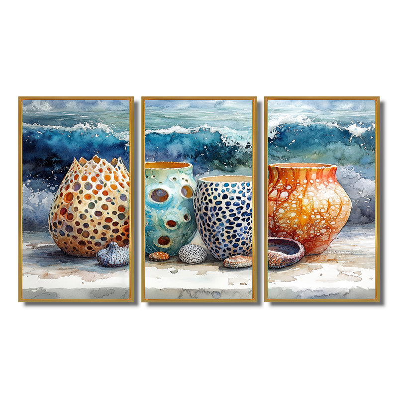 Ensemble de salon art mural bleu et orange Beach Pottery, Toile encadrée flottante dorée, H 40 po x l 60 po x P 1 po