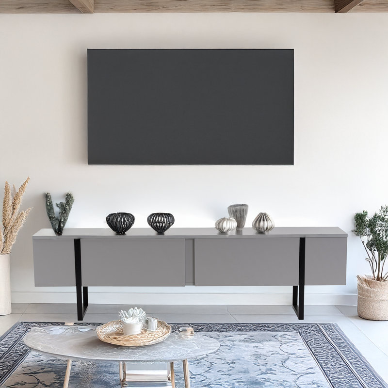 Modern Industrial TV Stand, Grey & Black, 70.9 x 19.7 x 11.8 inches | 100% Melamine Coated Particle Board, Thickness: 0.7 inches | Stylish & Functional Design for Living Room, Entertainment Center Storage