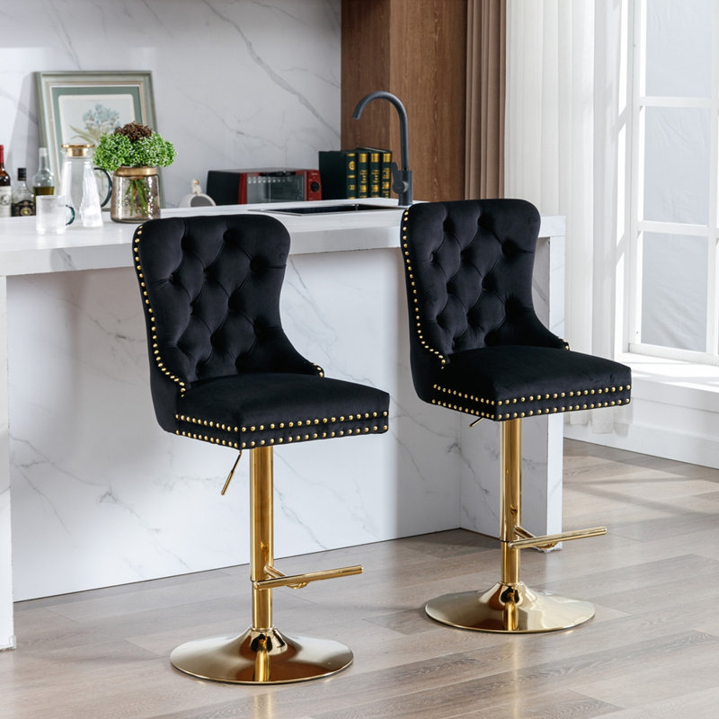 Golden Swivel Velvet Barstools Set Of 2, Black