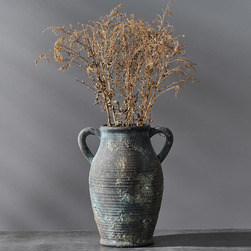 Handmade Ceramic Farmhouse Vase With Handles For Home Decor, Rustic Distressed Flower Vase For Living Room, Shelf, Table, And Entryway Decoration