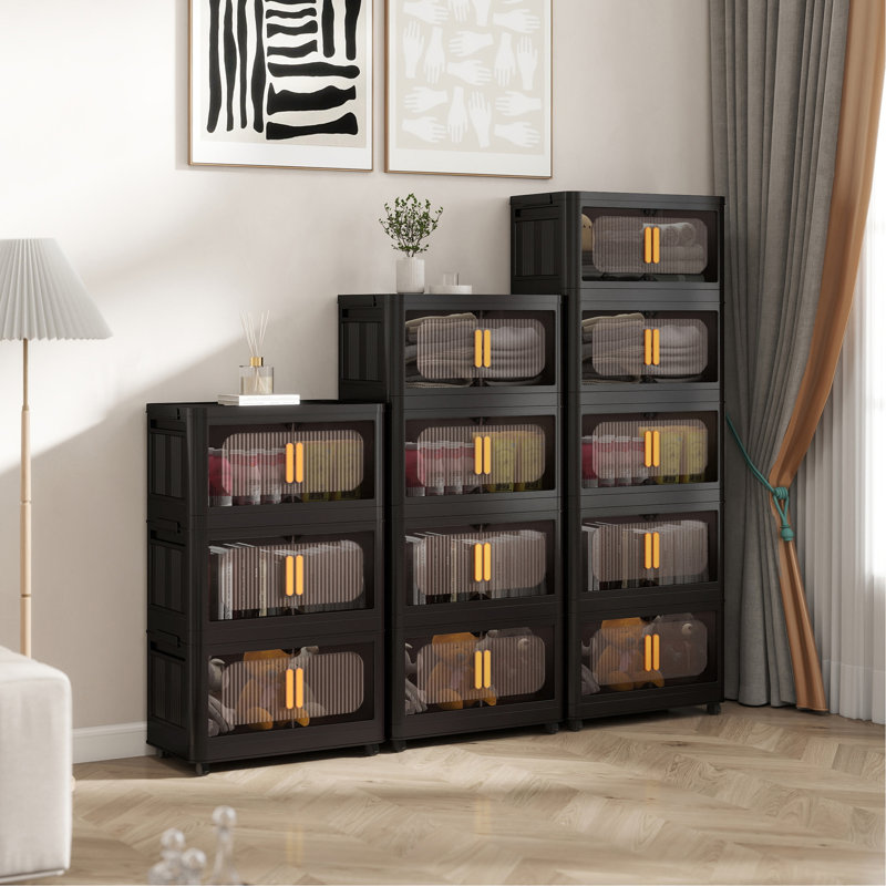 Black, 24" Side Wide Folding Storage Cabinet,5 Tiers,23.62"×13.78"×59.84",Collapsible Storage Bins With Magnetic Door, Plastic Storage Cabinet With Wheels