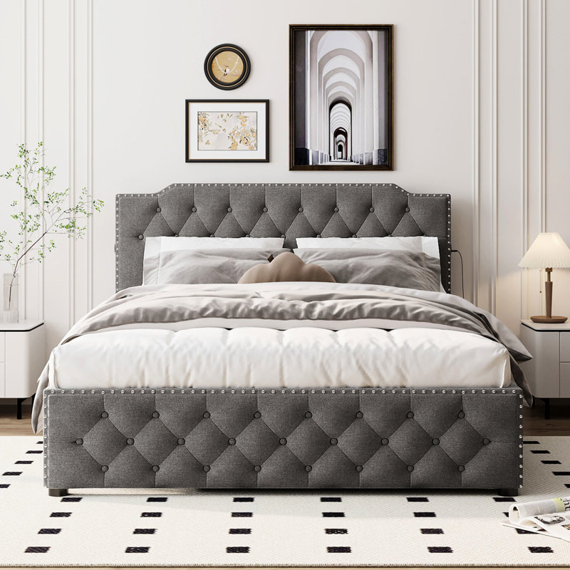 Grand lit rembourré avec lit gigogne simple et chargeurs, tissu en lin gris