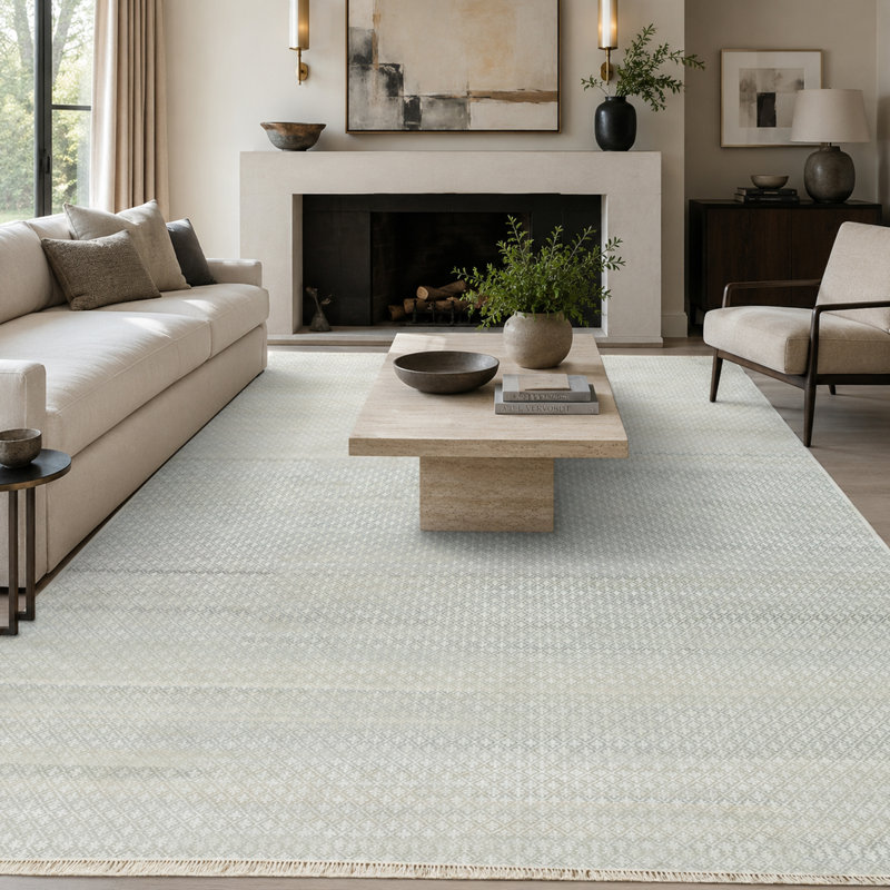 High-Quality Hand-Knotted Ivory And Silver Area Rug, Rectangle 12' x 15'