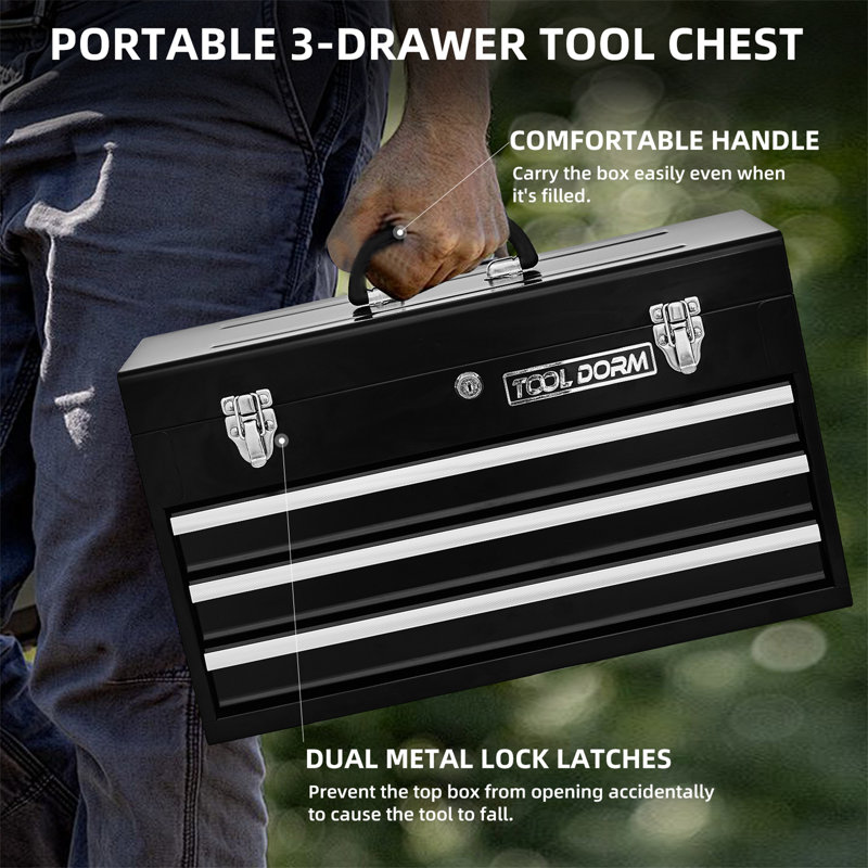 20.3-Inch Metal Toolbox With Drawers Portable Steel Metal Toolbox With Protective Lining And Metal Latch For Garages, Homes And Warehouses (Red And Black - 3 Drawers)