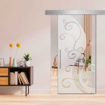 Porte de grange coulissante en verre sans cadre avec design moderne sablé et quincaillerie (semi-privée)