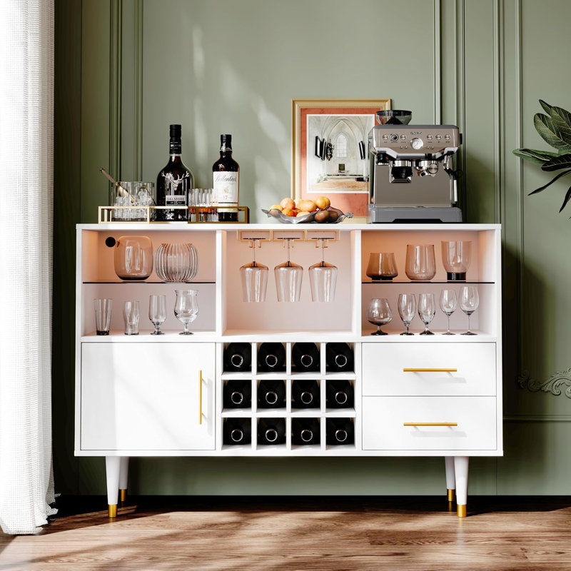 Bar Cabinet and Buffet Table - LED Light Charging Station, Sideboard with Storage