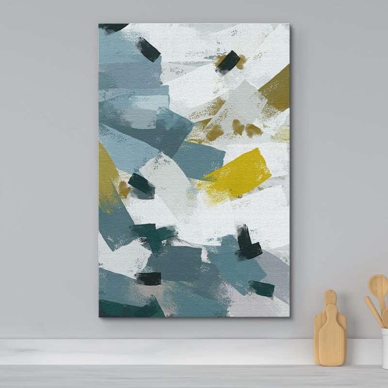 Bleu, jaune et blanc, coup de pinceau, collage, formes abstraites, illustrations, art moderne, H 48 po x l 32 po