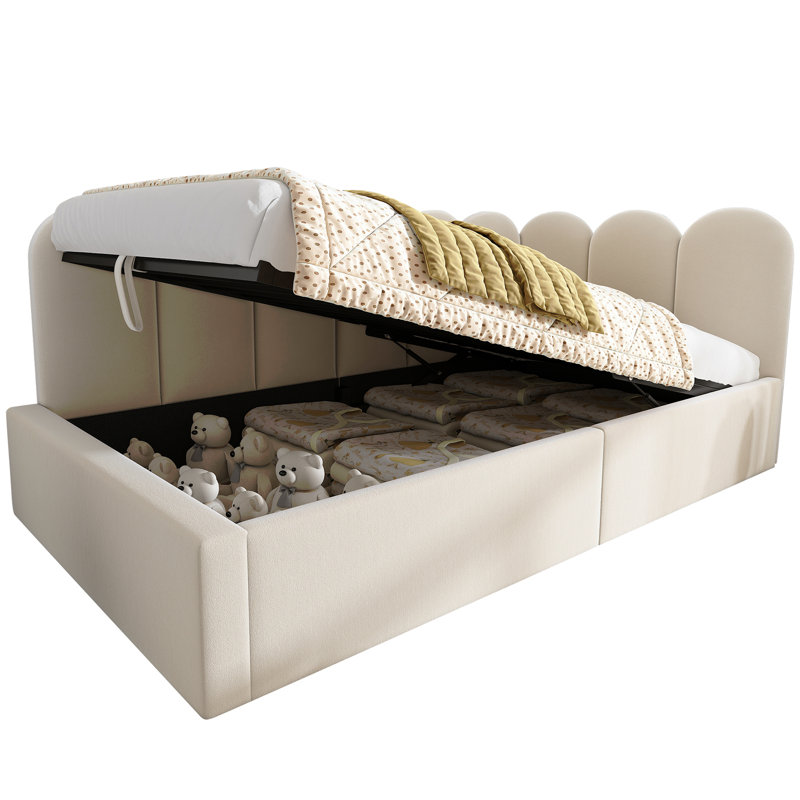 Lit de jour rembourré avec rangement hydraulique et panneaux latéraux réglables, Beige