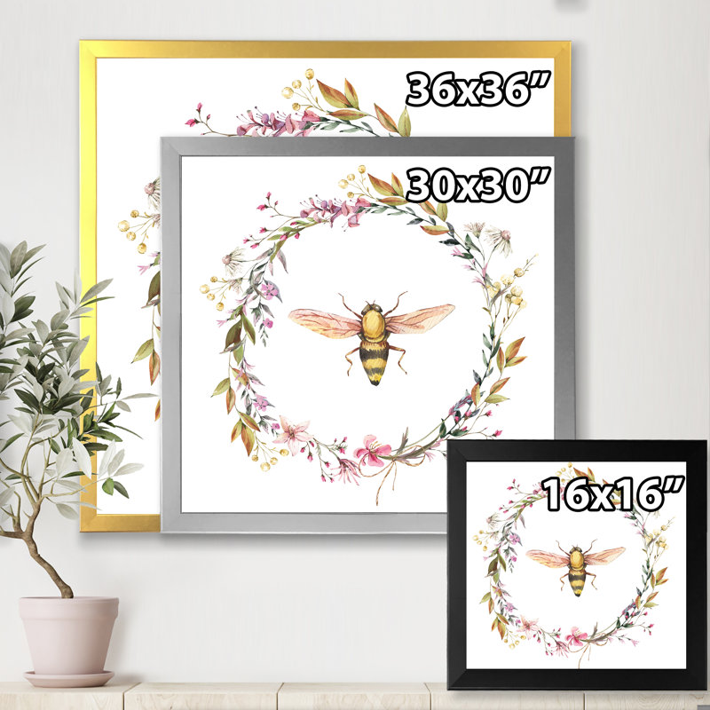 «Bee In Wildflowers Wreath», reproduction d'art sur toile, H 36 po x l 36 po x 1,5 po, Encadrement argenté