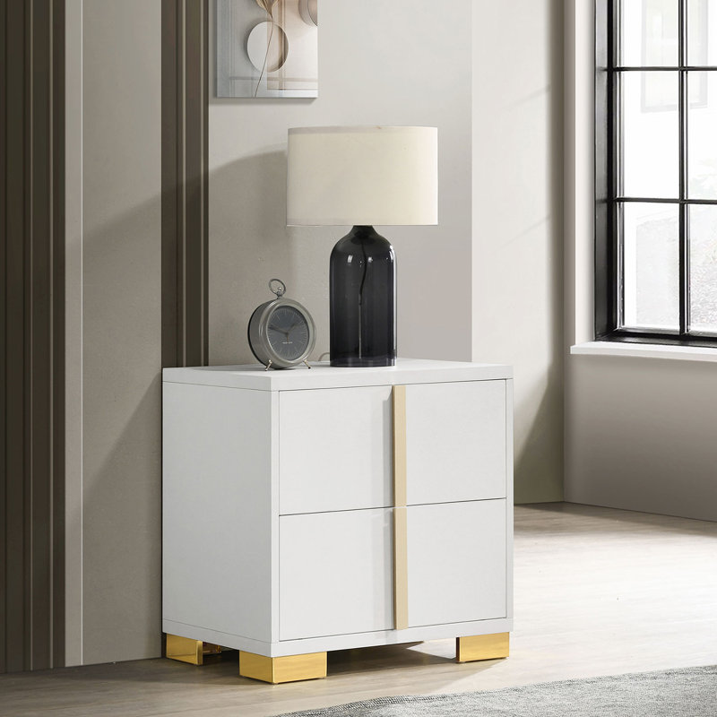 Table de chevet blanche à 2 tiroirs Jeremiah | Bois d'ingénierie de style Art déco | Idée de cadeau