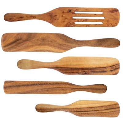 Spurtle Spoon Spatula Cooking Utensil - 5Pc Set - Natural Teak Wood - Non Stick Wooden Cookware - Stir, Scrape, Flip, Drain, Fold And Smash -  5 Star Super Deals, 4039308