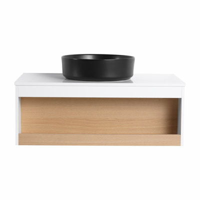 36-inch Floating Bathroom Vanity with Round Vessel Sink and Open Shelf