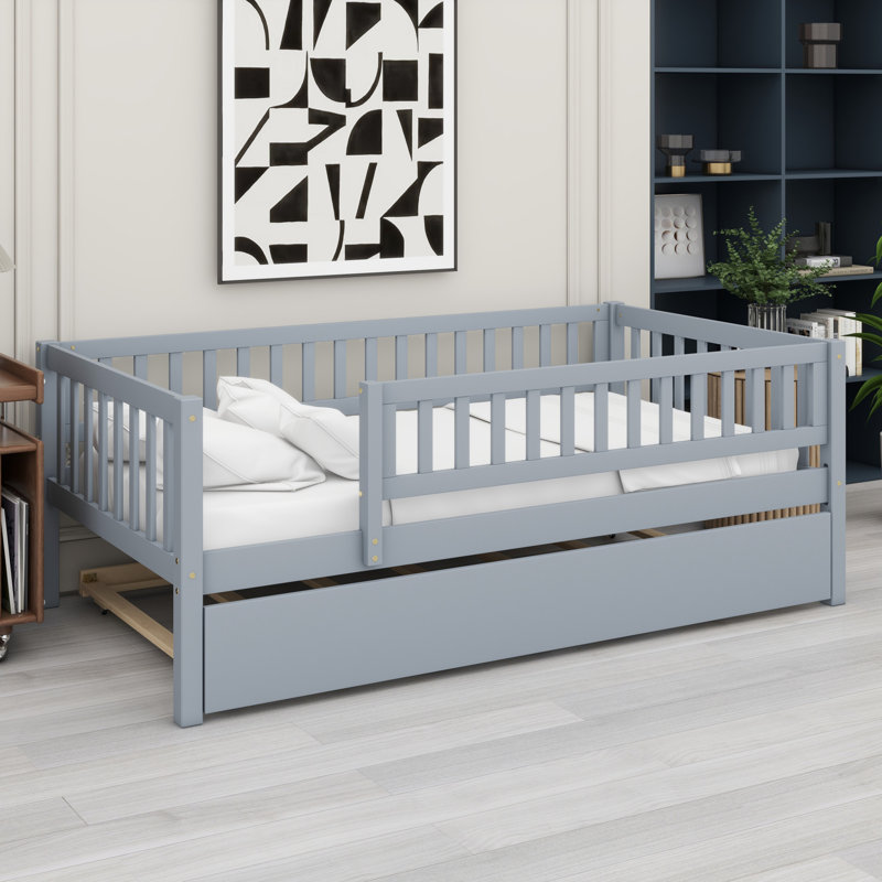 Lit de jour en bois avec couchette et barrière de sécurité, Gris