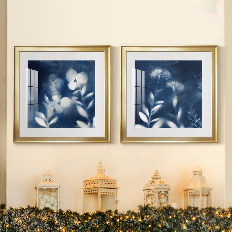 " Nature's Indigo I " 2 - Pieces, Gold Framed Paper, White, 18.5" H x 18.5" W x 1" D