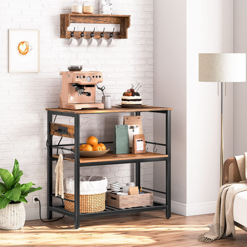 Vuto 35.8" Kitchen Island Table with Power Outlet, Black/Rustic Brown