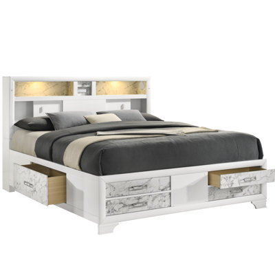 Modern Style King Bed Frame With Headboard Storage, Built-In Speakers And Central Port For Bedroom White Wood Featuring Drawers, Shelves, Integrated Lighting Audio