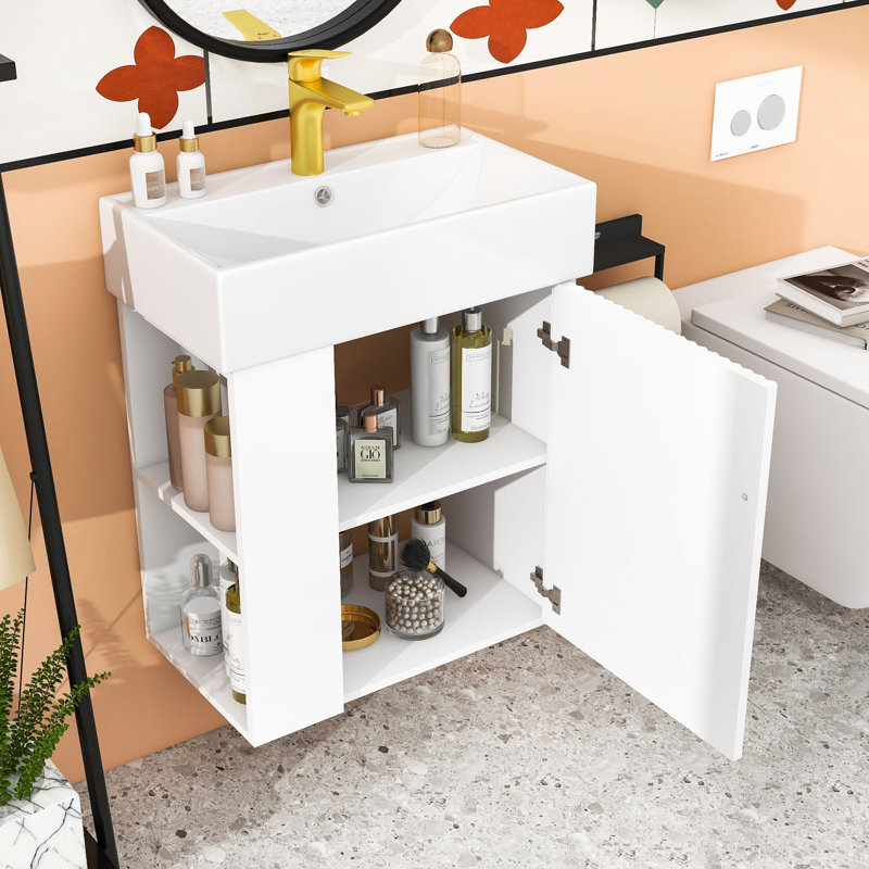 Meuble-lavabo flottant moderne avec lavabo en céramique, Blanc