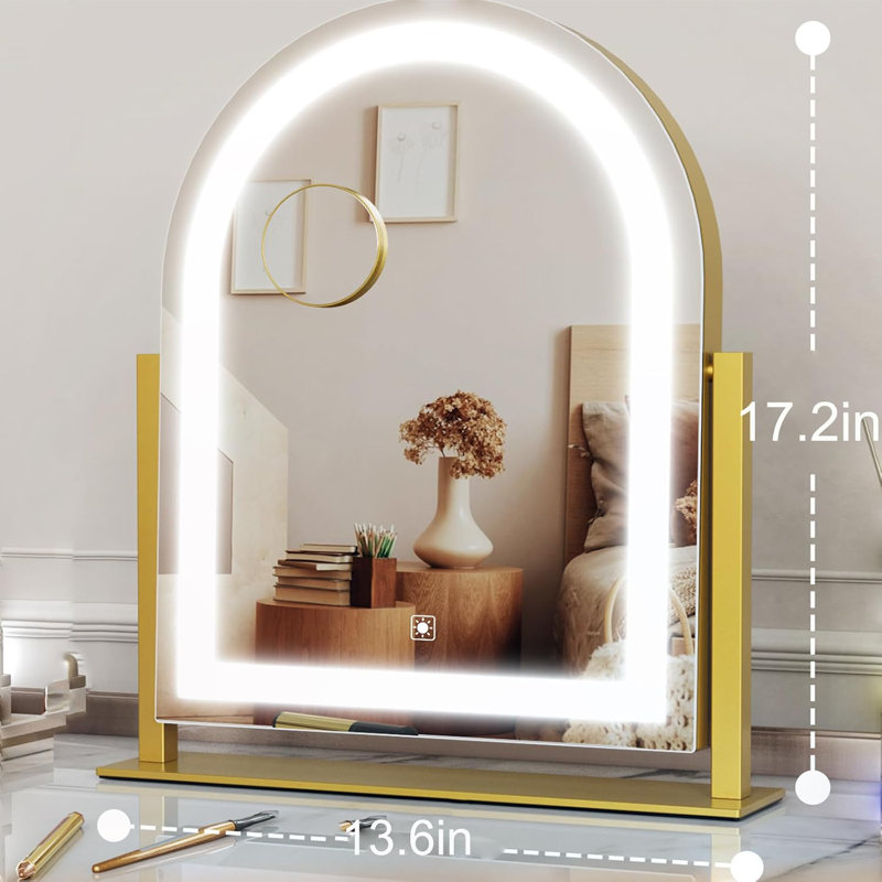 Miroir de maquillage courbé et éclairé, miroir de coiffeuse éclairé Smart Touch, Doré, 17,2 po x 13,6 po