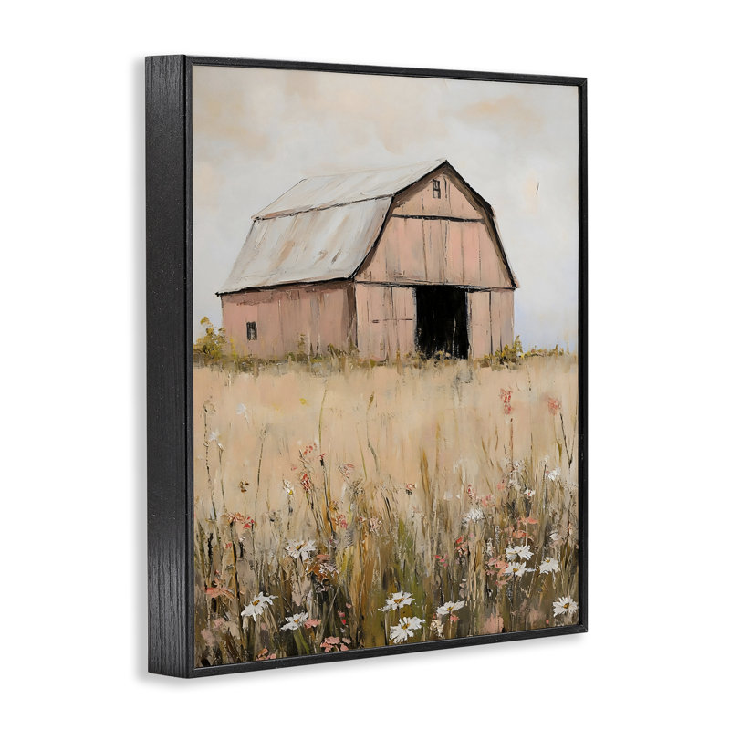 Peachy Barn Landscape, estampe numérique, design par Franklyn Gregory, H 14 po x l 11 po, Giclée encadrée noir minuit