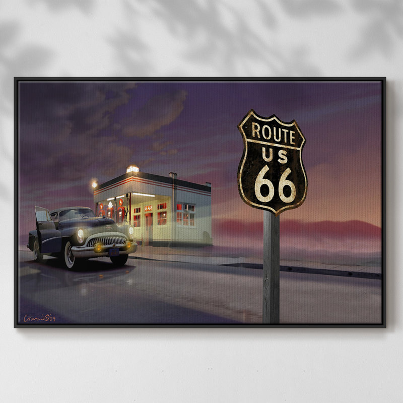 Route 66 - reproduction sur toile avec cadre flottant, H 17 po x l 25 po x P 2 po, Noir