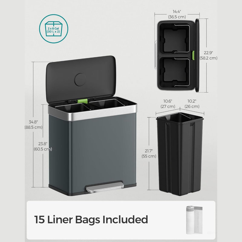 Stainless Steel 2 x 30 L Pedal Rubbish Bin with 15 Trash Bags, Grey