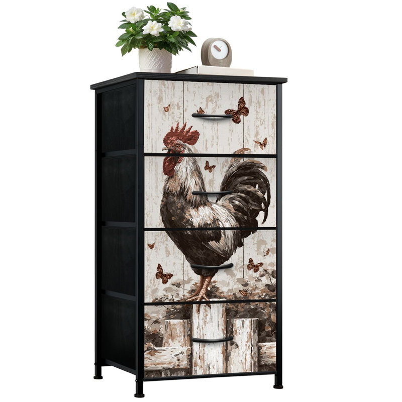 Commode rustique pour chambre à coucher avec 4 tiroirs de rangement Rustic Farm Rooster White Picket Fence