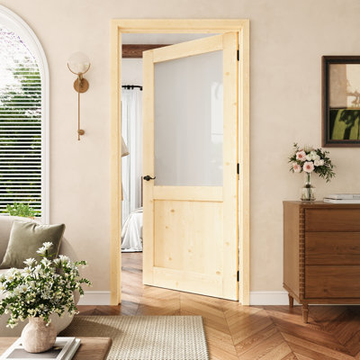 Porte intérieure pré-suspendue en bois de pin et verre givré 36 po x 80 po avec charnières noires, porte de garde-manger intérieure, porte de chambre à coucher, porte de buanderie, portes de placard, portes de pièce, droite