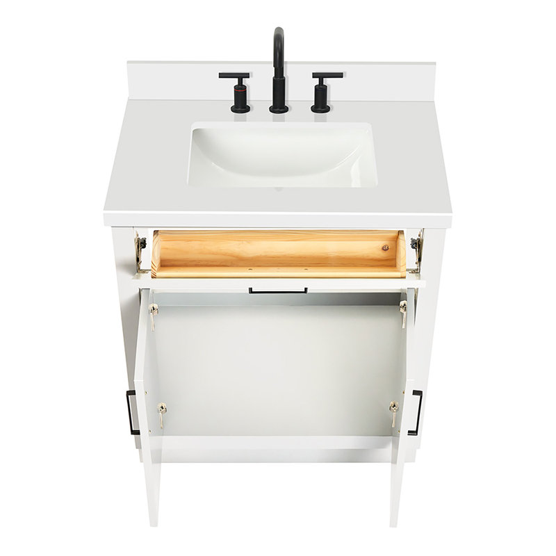 Meuble-lavabo simple 30 po en bois massif avec plateau en quartz 1,5 po Thornaby, Blanc / noir mat, Forme rectangulaire