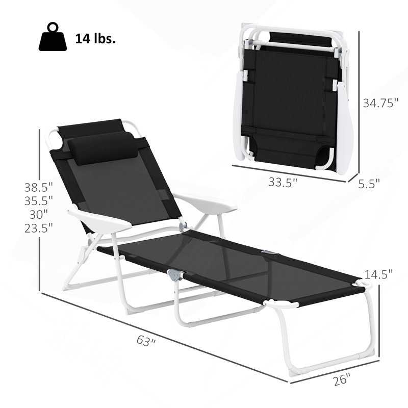 Chaise de bronzage d'extérieur, chaise longue pliante, Noir