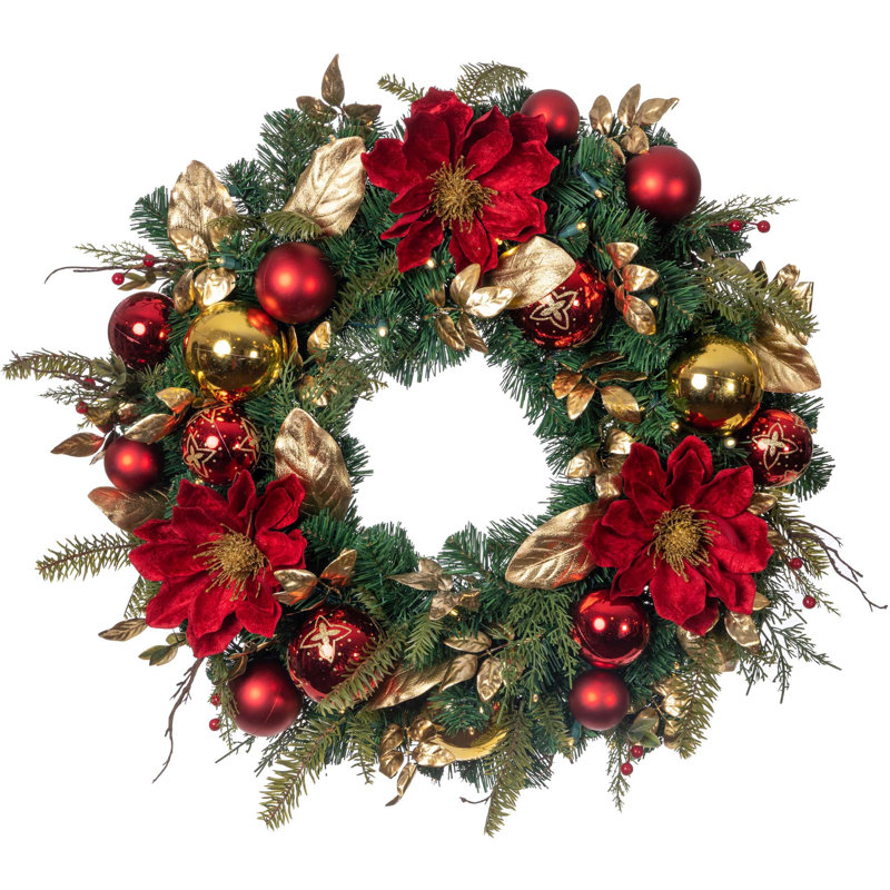 Golden Leaf Red Magnolia 30'' Artificial Christmas Wreath with LED Lights