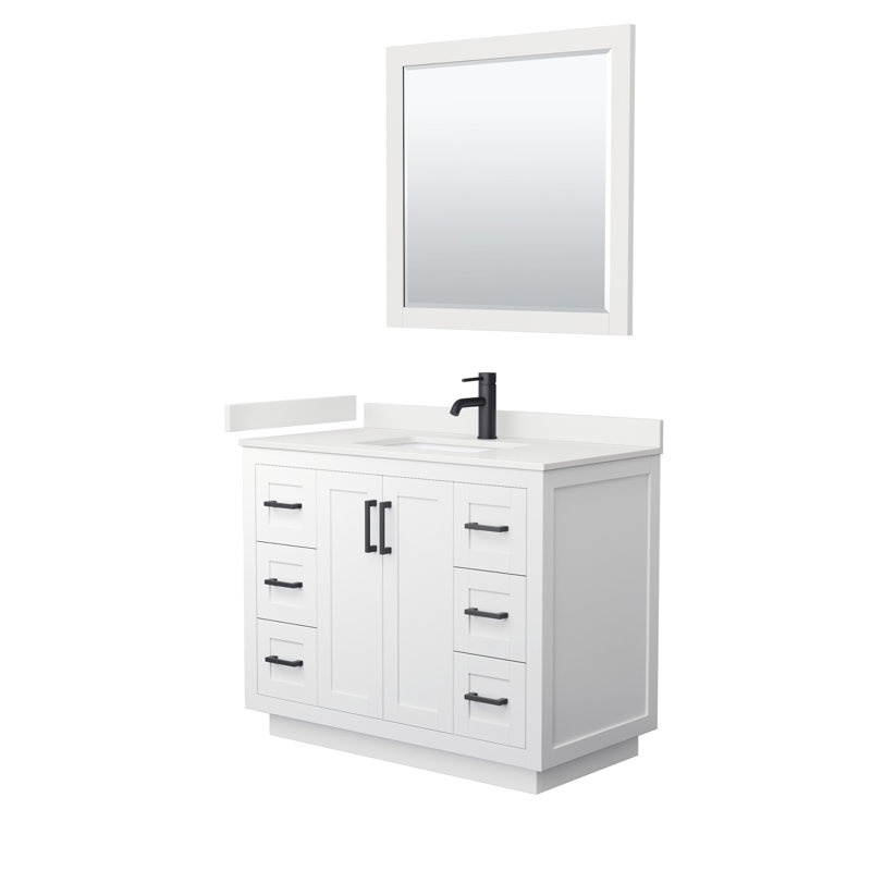 Miranda 42" Freestanding Single Bathroom Vanity with Quartz Top with 34" Mirror, White Quartz, White, Matte Black