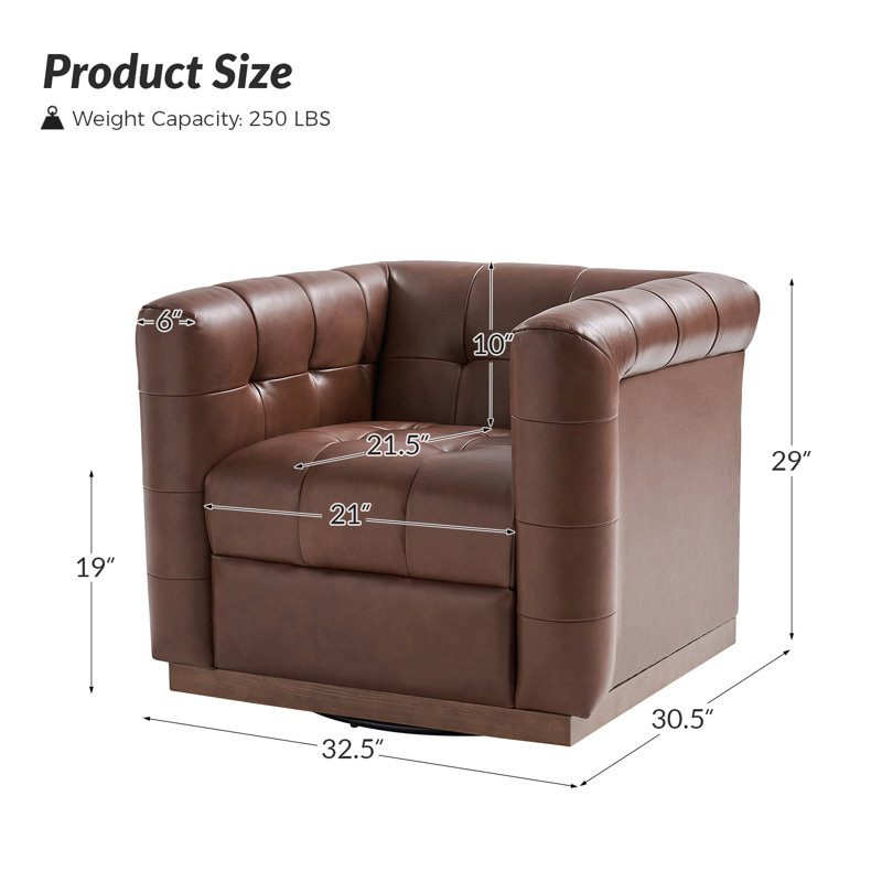 Fauteuil club pivotant carré en cuir véritable Sonika avec cadre en bois massif, Brun