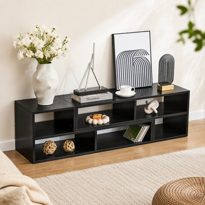 Meuble télé réglable modulaire, console de rangement ouverte noire, centre de divertissement moderne avec plusieurs compartiments, tablette multimédia Freestyle pour la chambre du salon