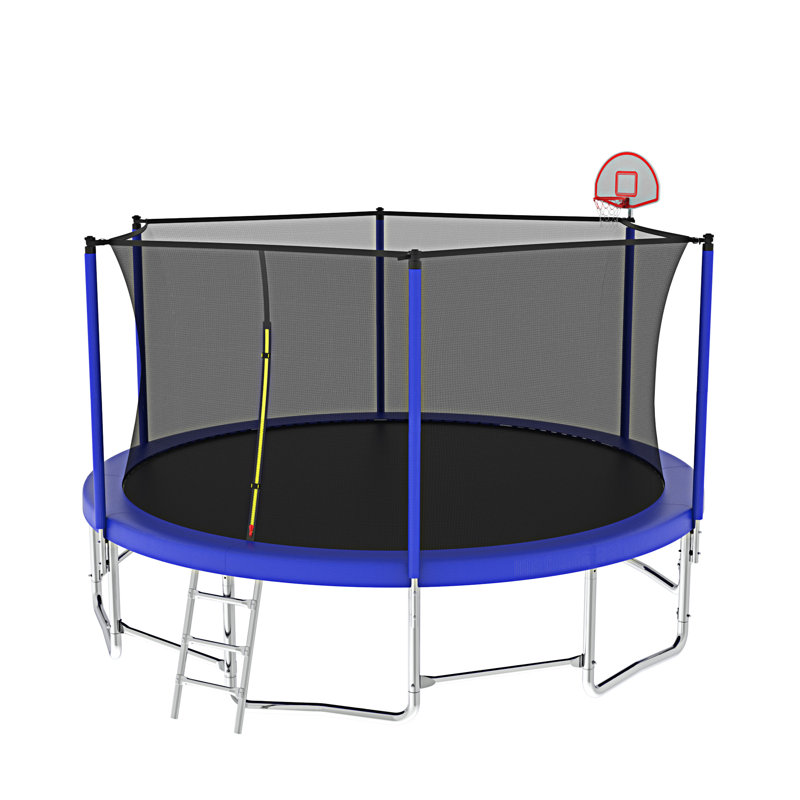 Trampoline 16 pieds avec barre d'équilibre et panier de basketball, Bleu