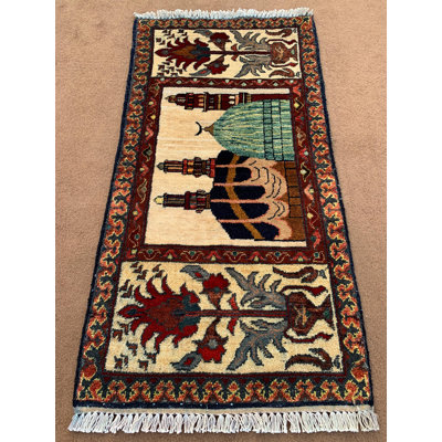 Afghan Handmade Wool Area Rug,1.10X3.7 Ft Vintage Rug Lslamic Wall Rug, Holy Kaaba And Masjid An Nabawi Velvet, 0.55X108 Cm Rug Wall Hanging