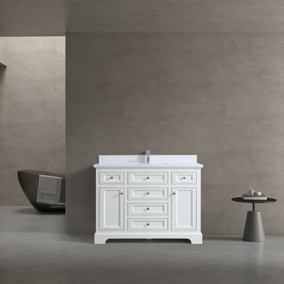 Meuble-lavabo autoportant blanc 48 po avec comptoir en marbre blanc Harkness