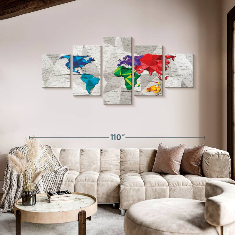 Carte du monde géométrique II, H 42 po x l 92 po