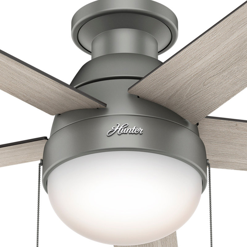46" Anslee 5 - Blade LED Flush Mount Ceiling Fan with Pull Chain and Light Kit Included, Matte Silver