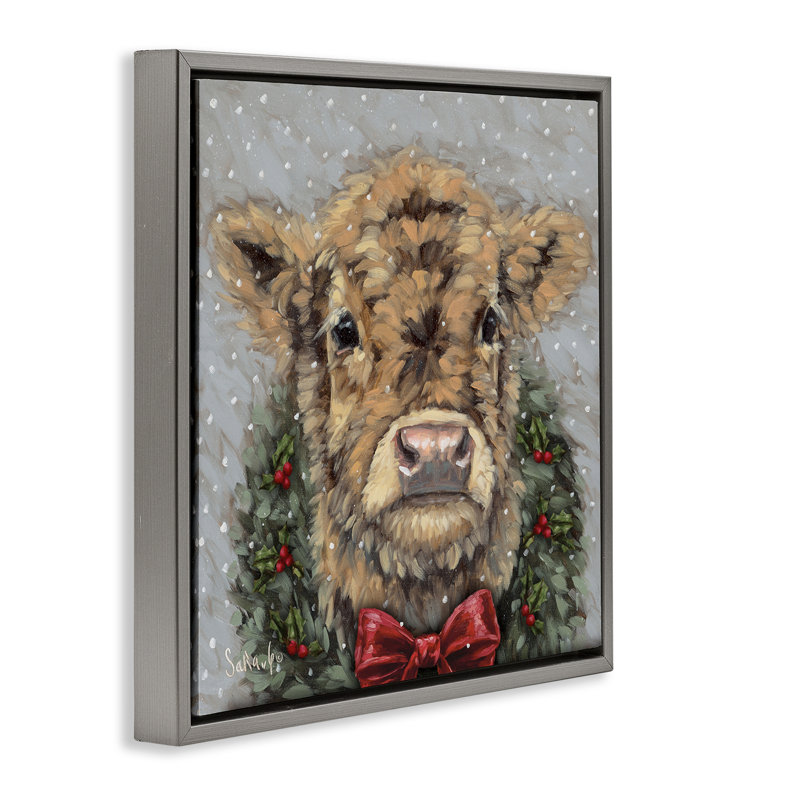 Cadre flottant de vache enneigée de Noël, design par Sara G. Designs, H 25 po x l 25 po, Cadre flottant gris lustré