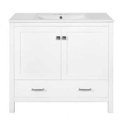 Bathroom Vanity With Ceramic Sink, Soft-Close Doors, Double Storage Shelves & Divided Drawer